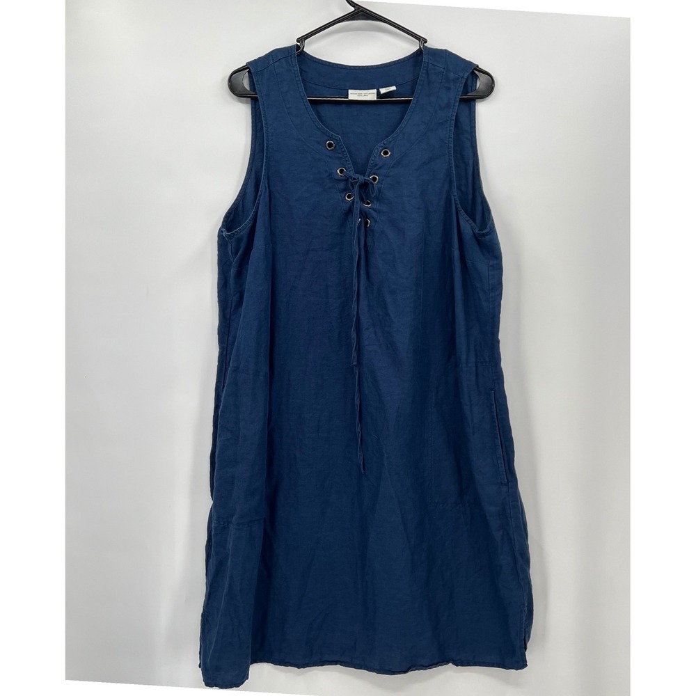 Adrienne Vittadini Navy Blue 100% Linen Lace Up Sleeveless Shift Dress Plus 1X
